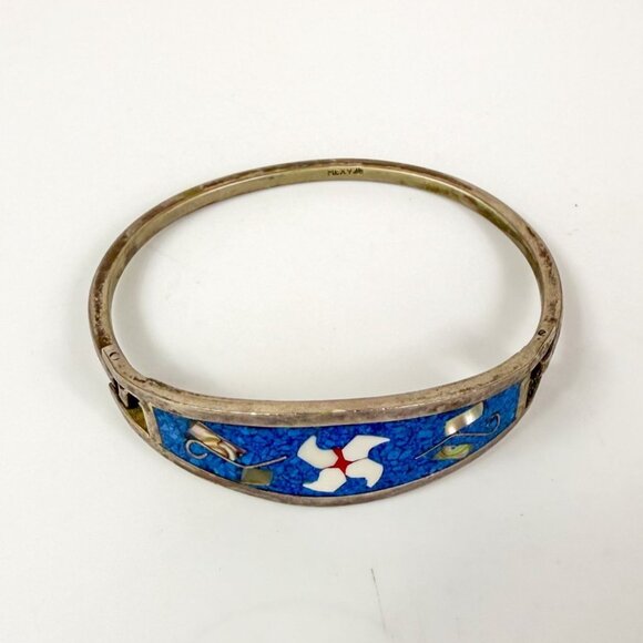 Vintage Mexican Sterling Silver Blue Enamel Inlay Hinged Bangle Bracelet - Picture 1 of 7